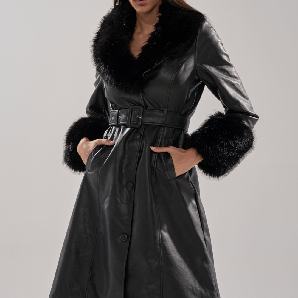 AKIRA Black Leather Coat with Faux Fur Trim